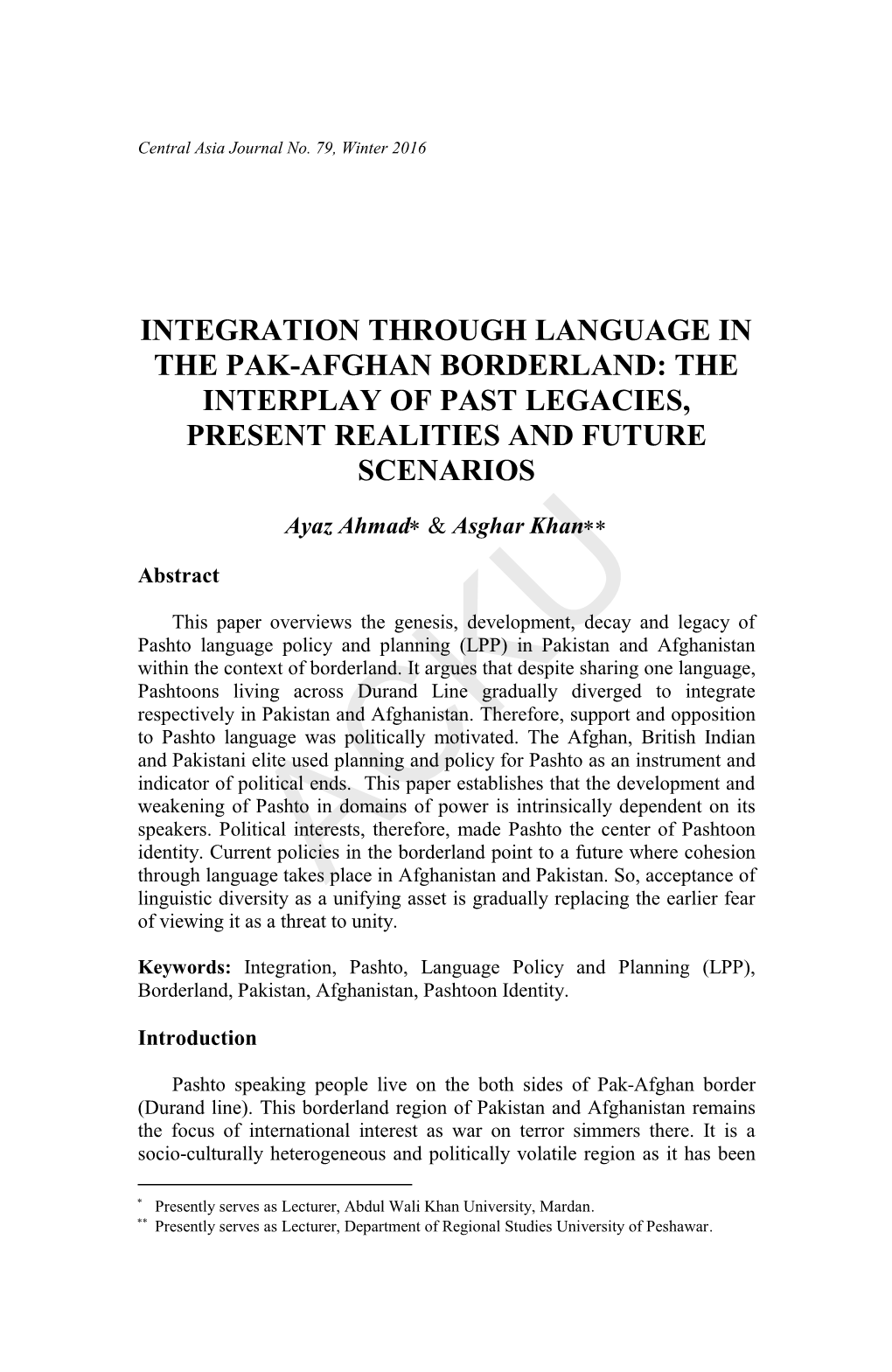 Integration Through Language in the Pak-Afghan Borderland: the Interplay of Past Legacies, Present Realities and Future Scenarios