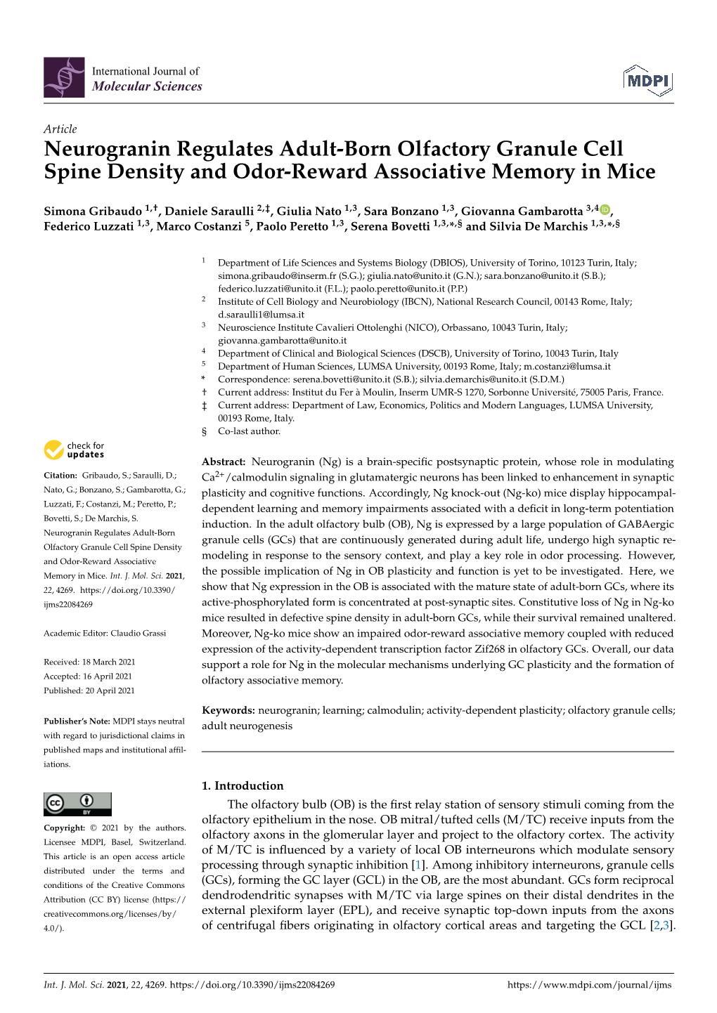 Neurogranin Regulates Adult-Born Olfactory Granule Cell Spine Density and Odor-Reward Associative Memory in Mice