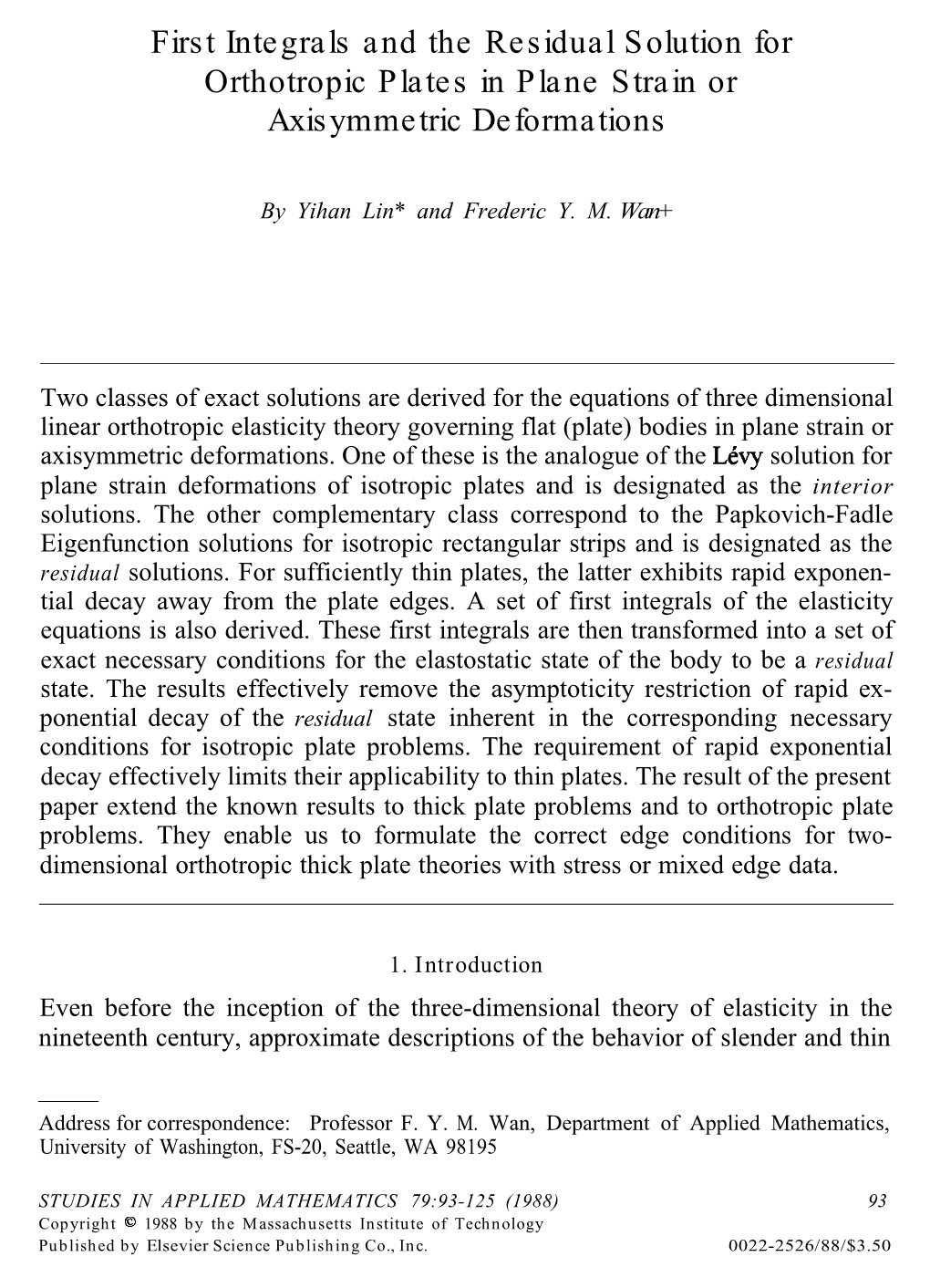 First Integrals and the Residual Solution for Orthotropic Plates in Plane Strain Or Axisymmetric Deformations