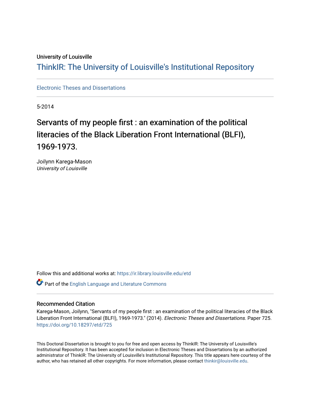 Servants of My People First : an Examination of the Political Literacies of the Black Liberation Front International (BLFI), 1969-1973