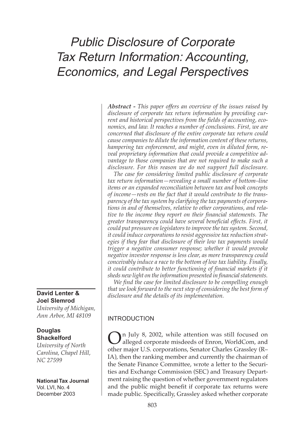 Public Disclosure of Corporate Tax Return Information: Accounting, Economics, and Legal Perspectives