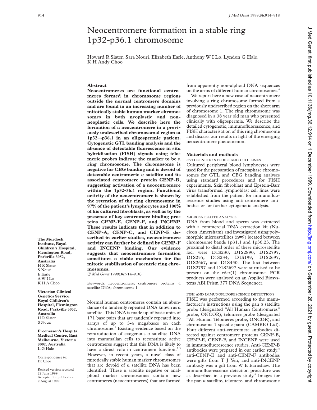 Neocentromere Formation in a Stable Ring 1P32-P36.1 Chromosome