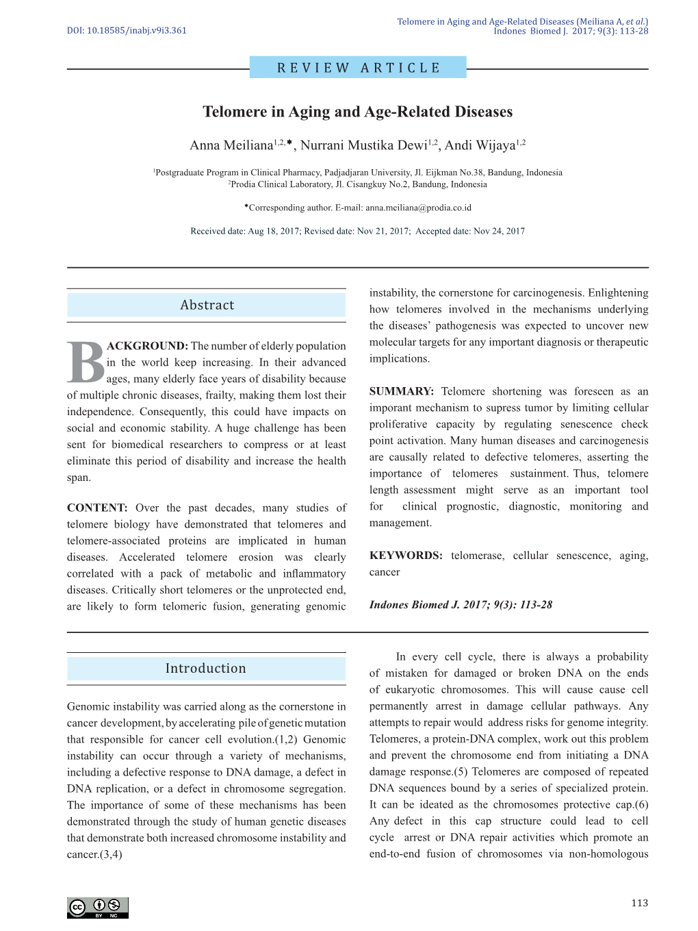 Telomere in Aging and Age-Related Diseases (Meiliana A, Et Al.) DOI: 10.18585/Inabj.V9i3.361 Indones Biomed J