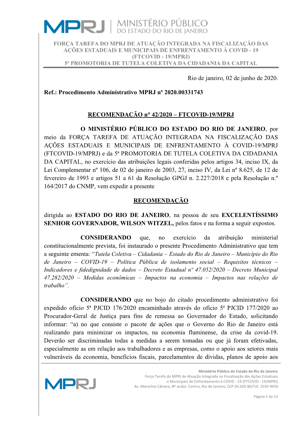 Rio De Janeiro, 02 De Junho De 2020. Ref.: Procedimento Administrativo