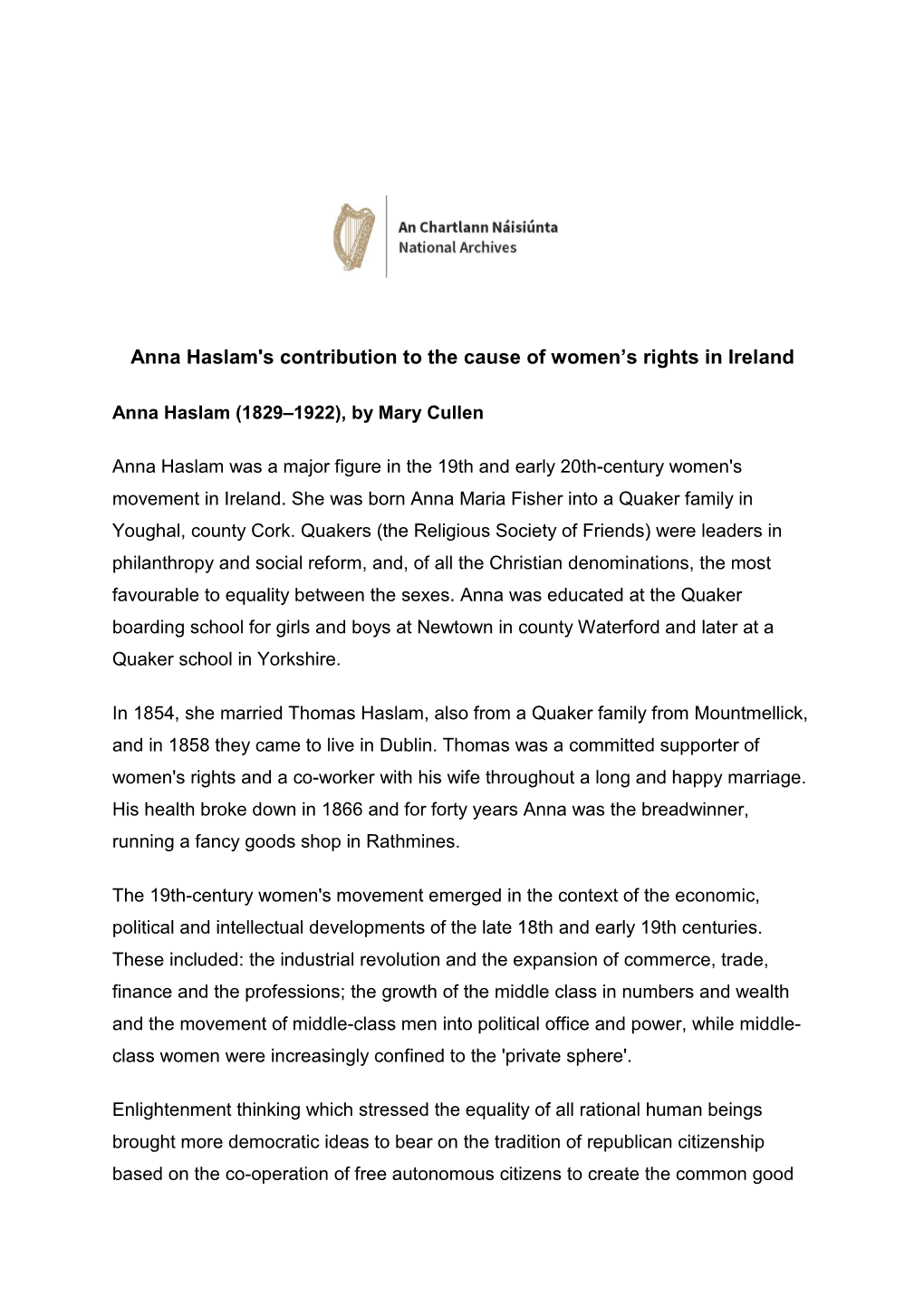 Anna Haslam's Contribution to the Cause of Women's Rights in Ireland