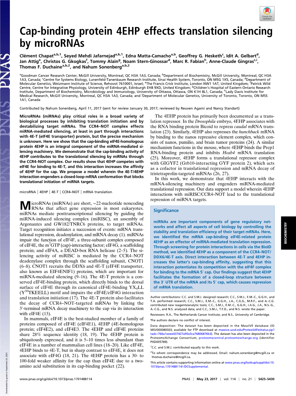 Cap-Binding Protein 4EHP Effects Translation Silencing by Micrornas