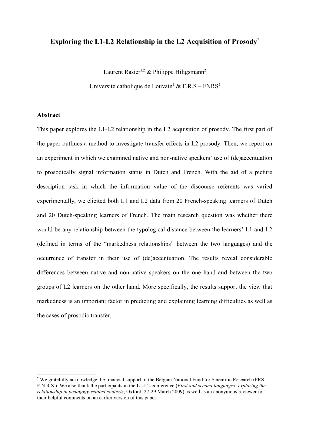 Exploring The L1-L2 Relationship In The L2 Acquisition Of Prosody