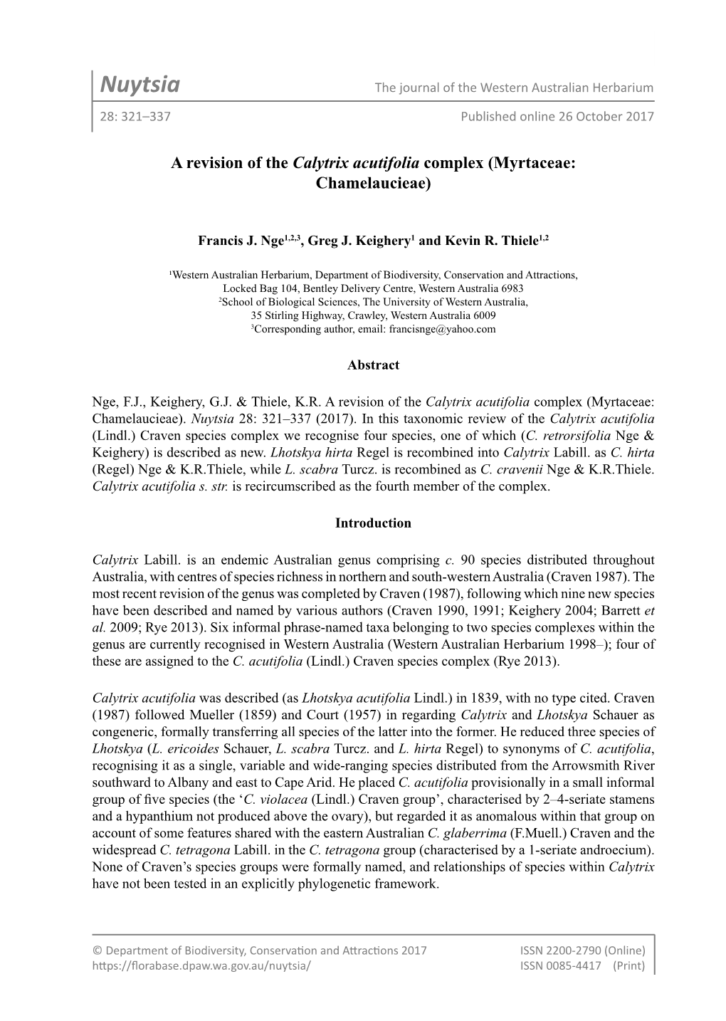 Nuytsia the Journal of the Western Australian Herbarium 28: 321–337 Published Online 26 October 2017