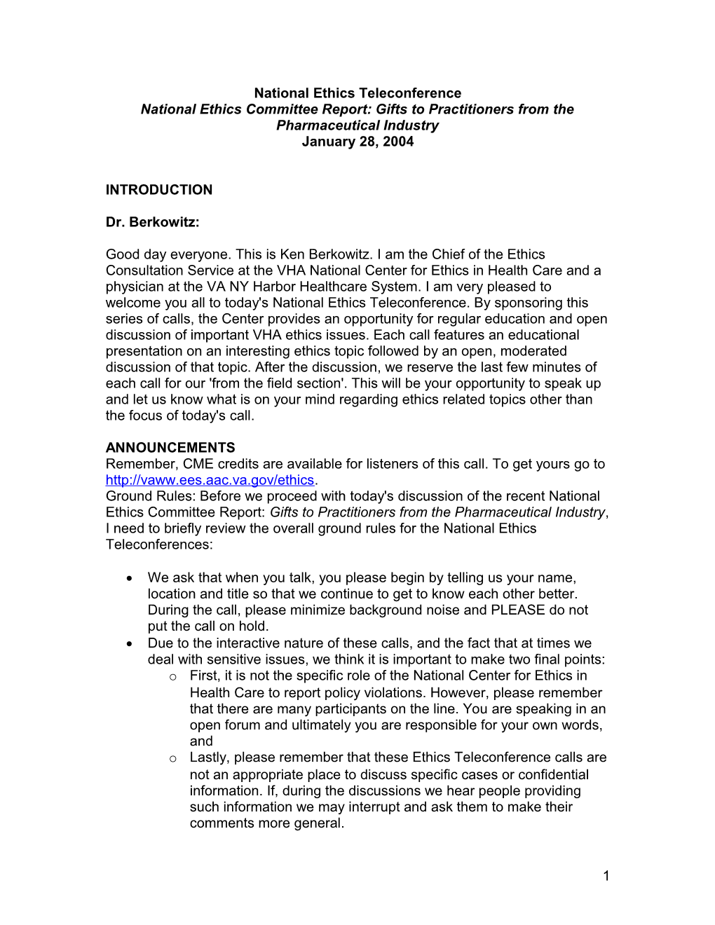 National Ethics Committee Report: Gifts To Health Care Professionals From The Pharmaceutical Industry - U.S. Department Of Veterans Affairs