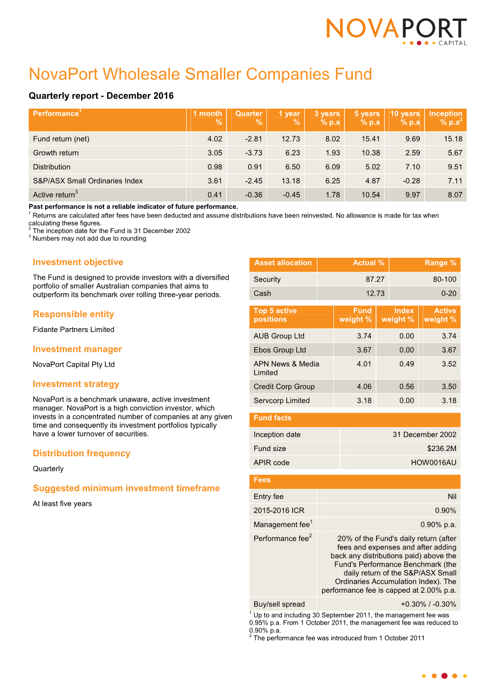 Novaport Wholesale Smaller Companies Fund Quarterly Report - December 2016