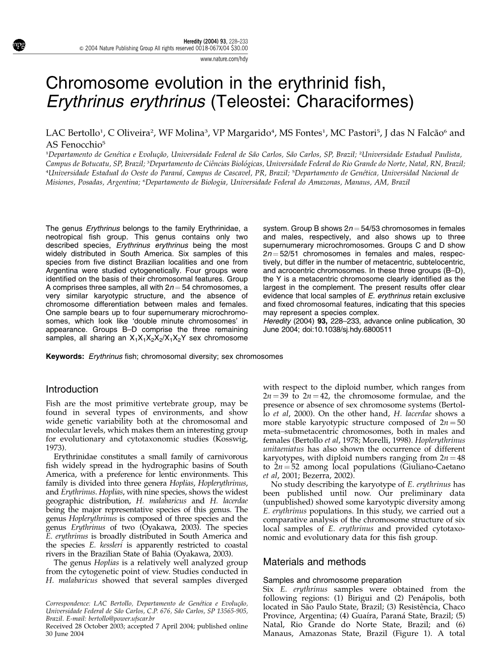 Chromosome Evolution in the Erythrinid Fish, Erythrinus