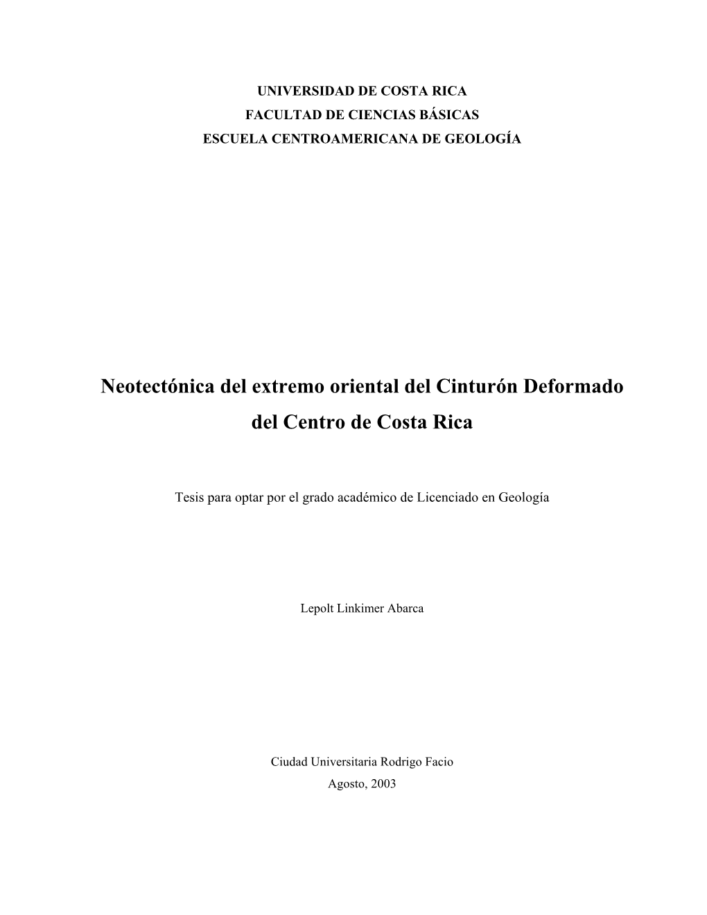 Universidad De Costa Rica Facultad De Ciencias Básicas Escuela Centroamericana De Geología