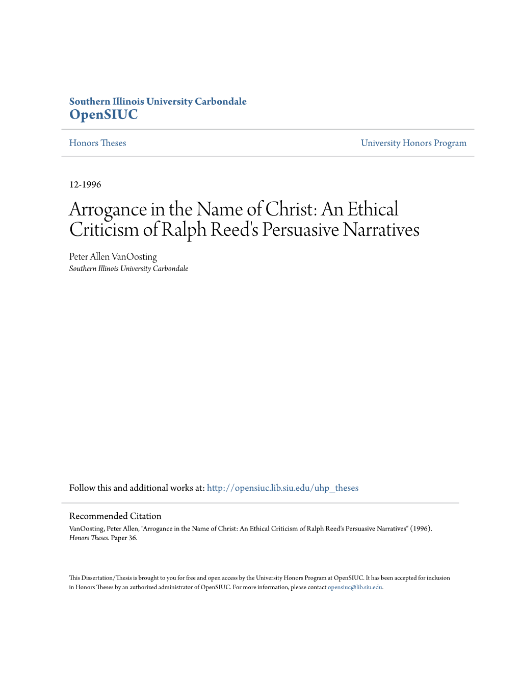 An Ethical Criticism of Ralph Reed's Persuasive Narratives Peter Allen Vanoosting Southern Illinois University Carbondale