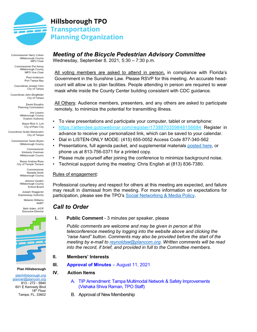 Meeting of the Bicycle Pedestrian Advisory Committee Call to Order