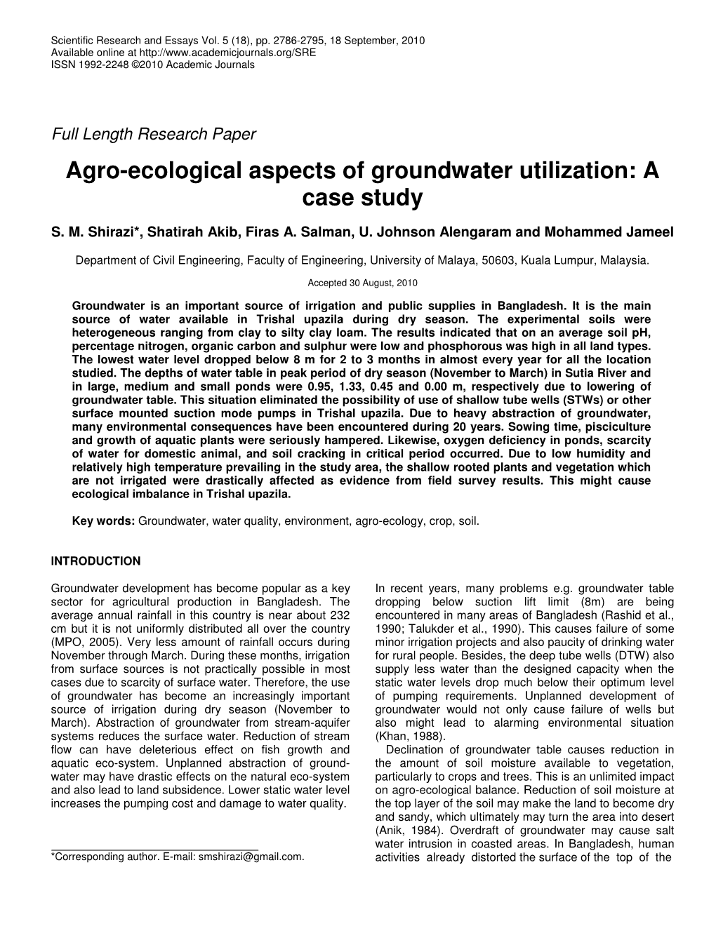 Agro-Ecological Aspects of Groundwater Utilization: a Case Study