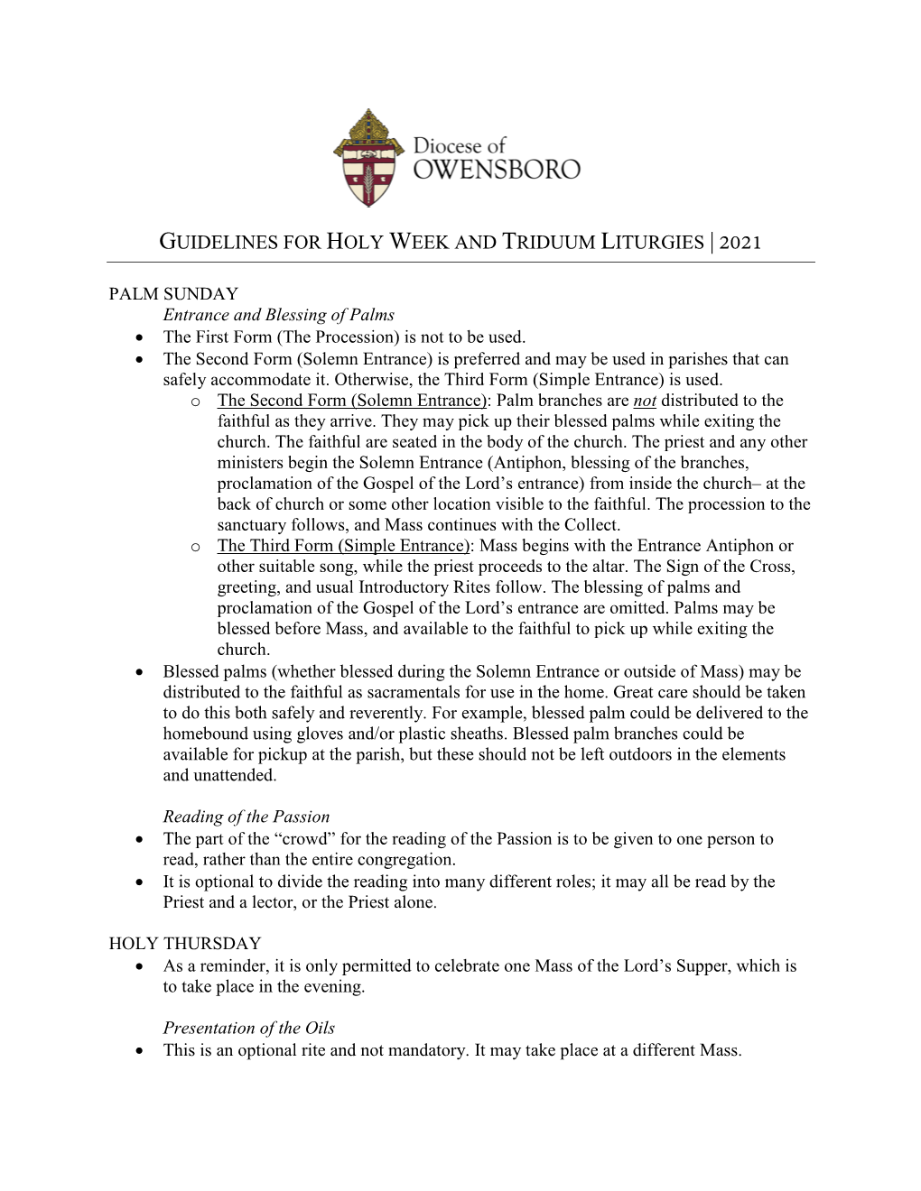 2021 Holy Week and Triduum Guidelines