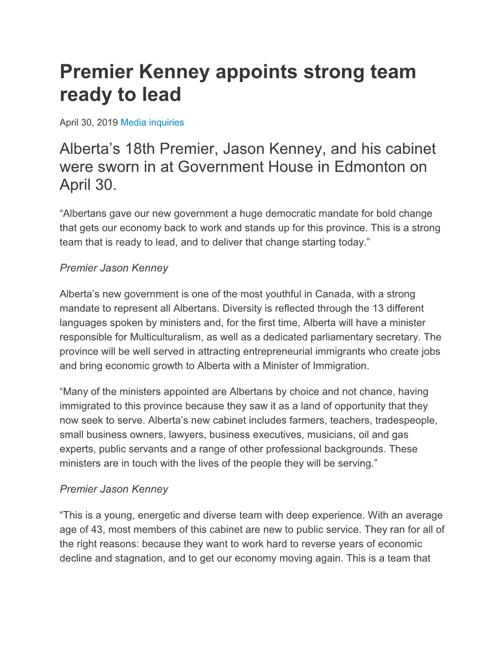 Premier Kenney Appoints Strong Team Ready to Lead