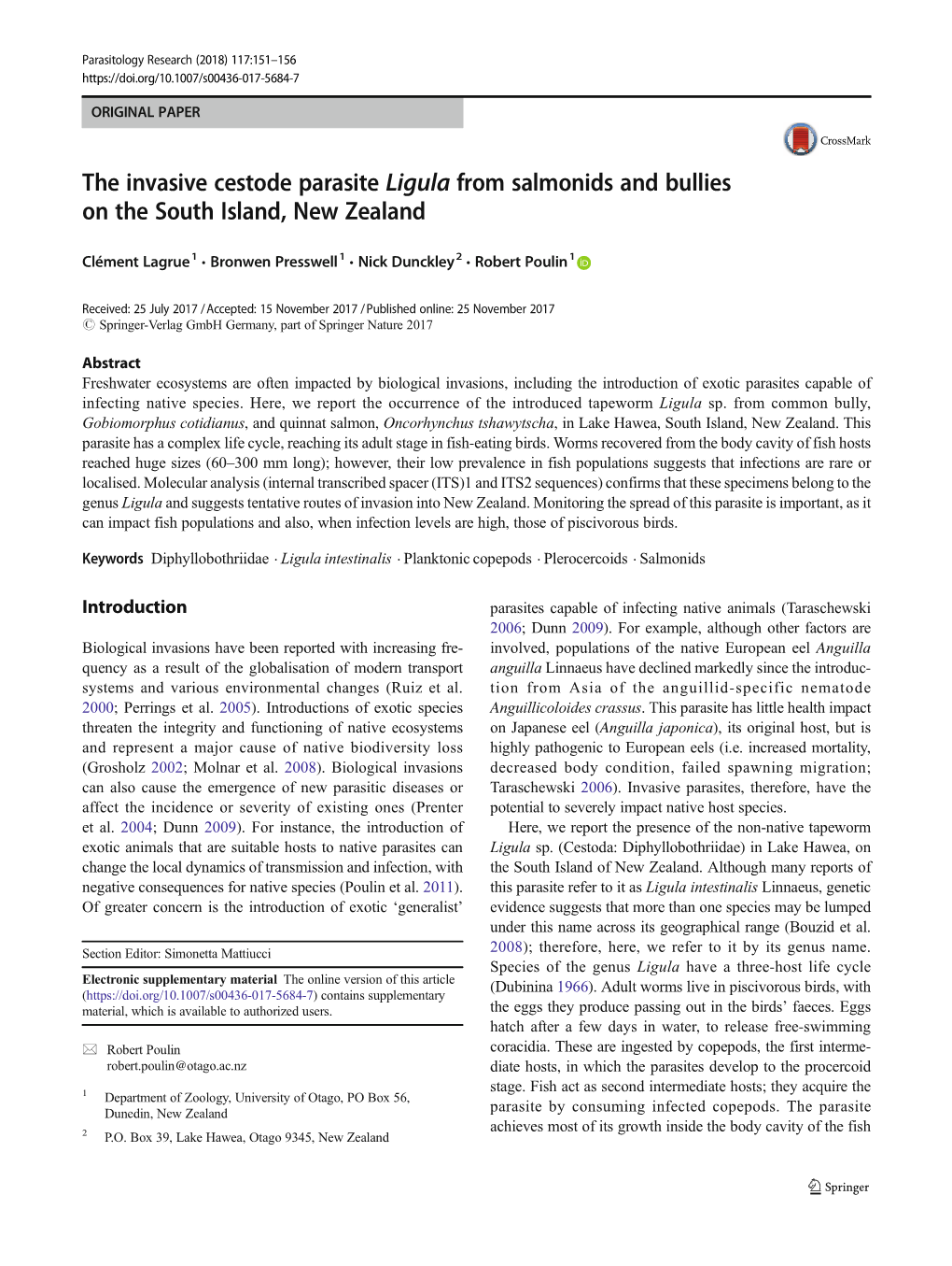 The Invasive Cestode Parasite Ligula from Salmonids and Bullies on the South Island, New Zealand