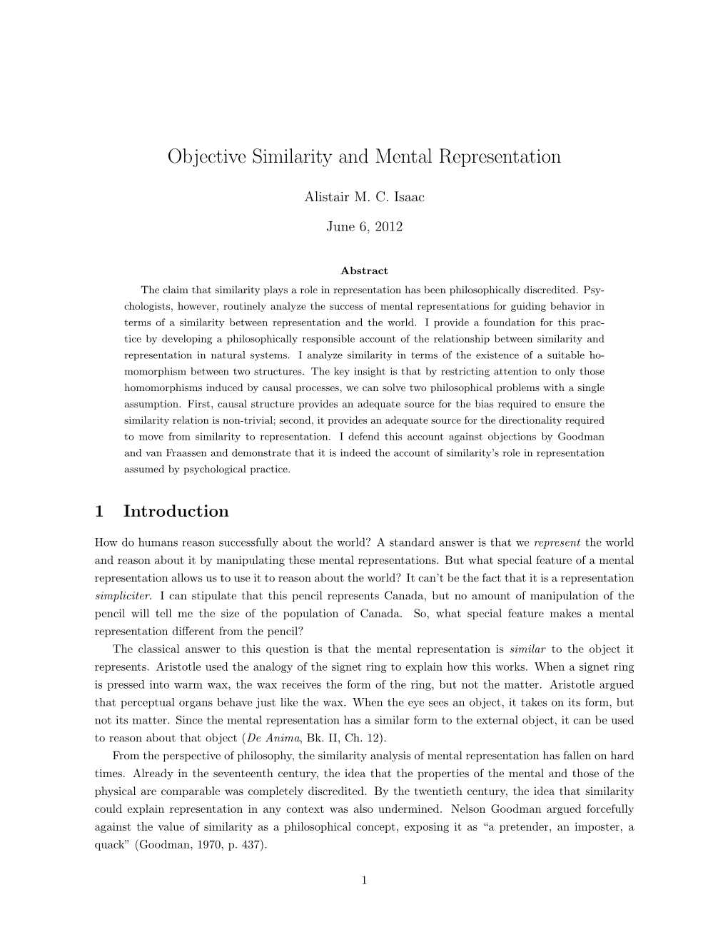 Objective Similarity and Mental Representation