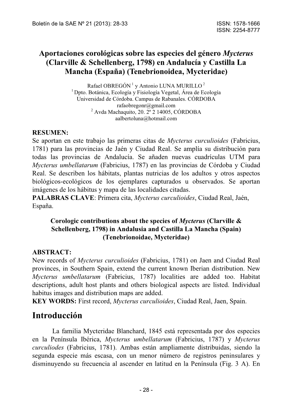 Aportaciones Corológicas Sobre Las Especies Del Género Mycterus