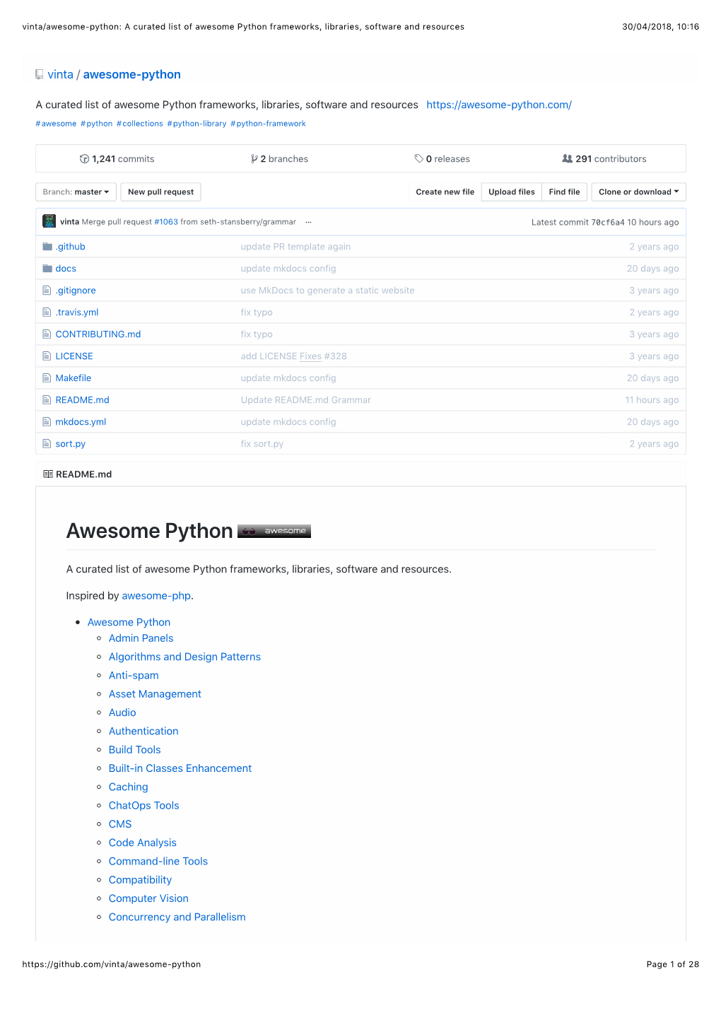A Curated List of Awesome Python Frameworks, Libraries, Software and Resources 30/04/2018, 10�16
