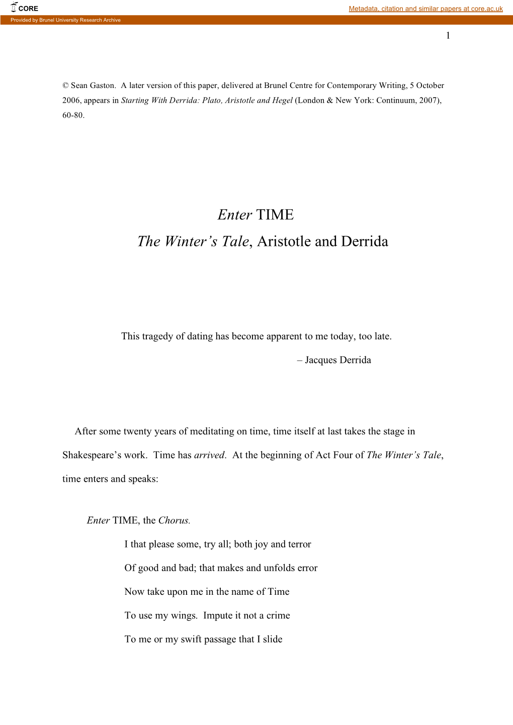 Enter TIME the Winter's Tale, Aristotle and Derrida