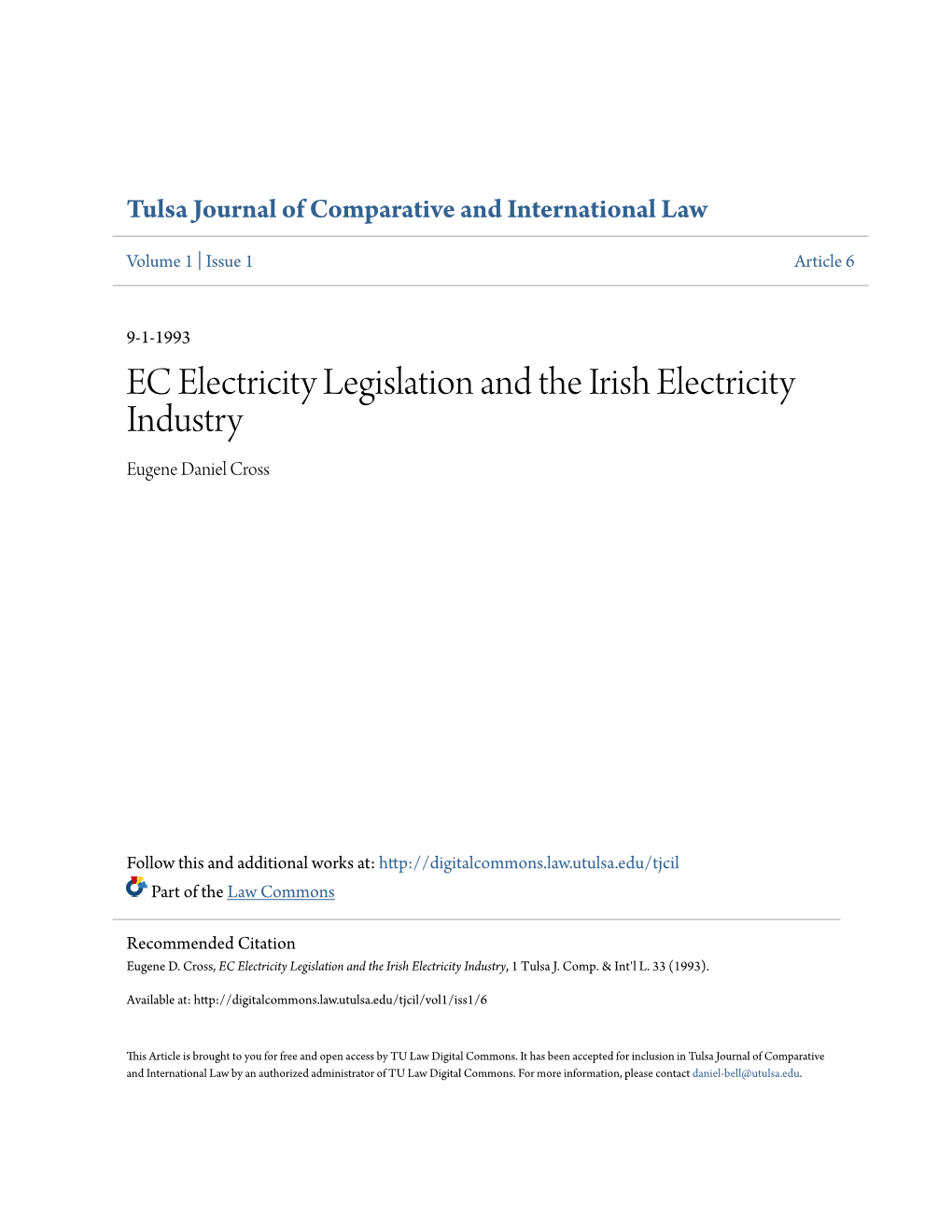 EC Electricity Legislation and the Irish Electricity Industry Eugene Daniel Cross