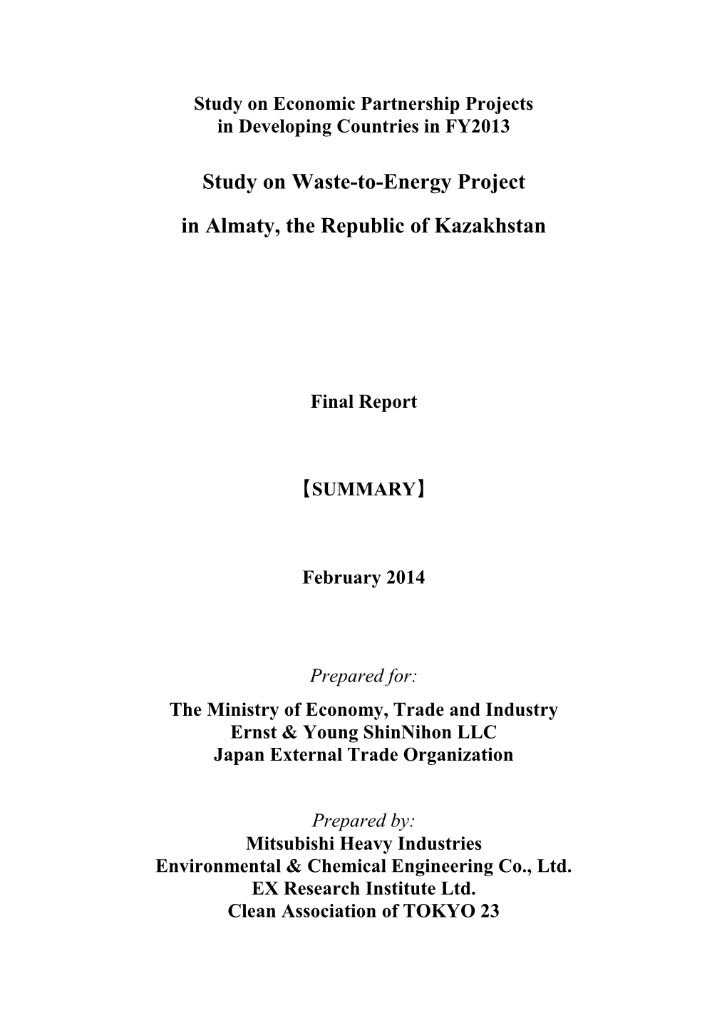 Study on Waste-To-Energy Project in Almaty, the Republic of Kazakhstan