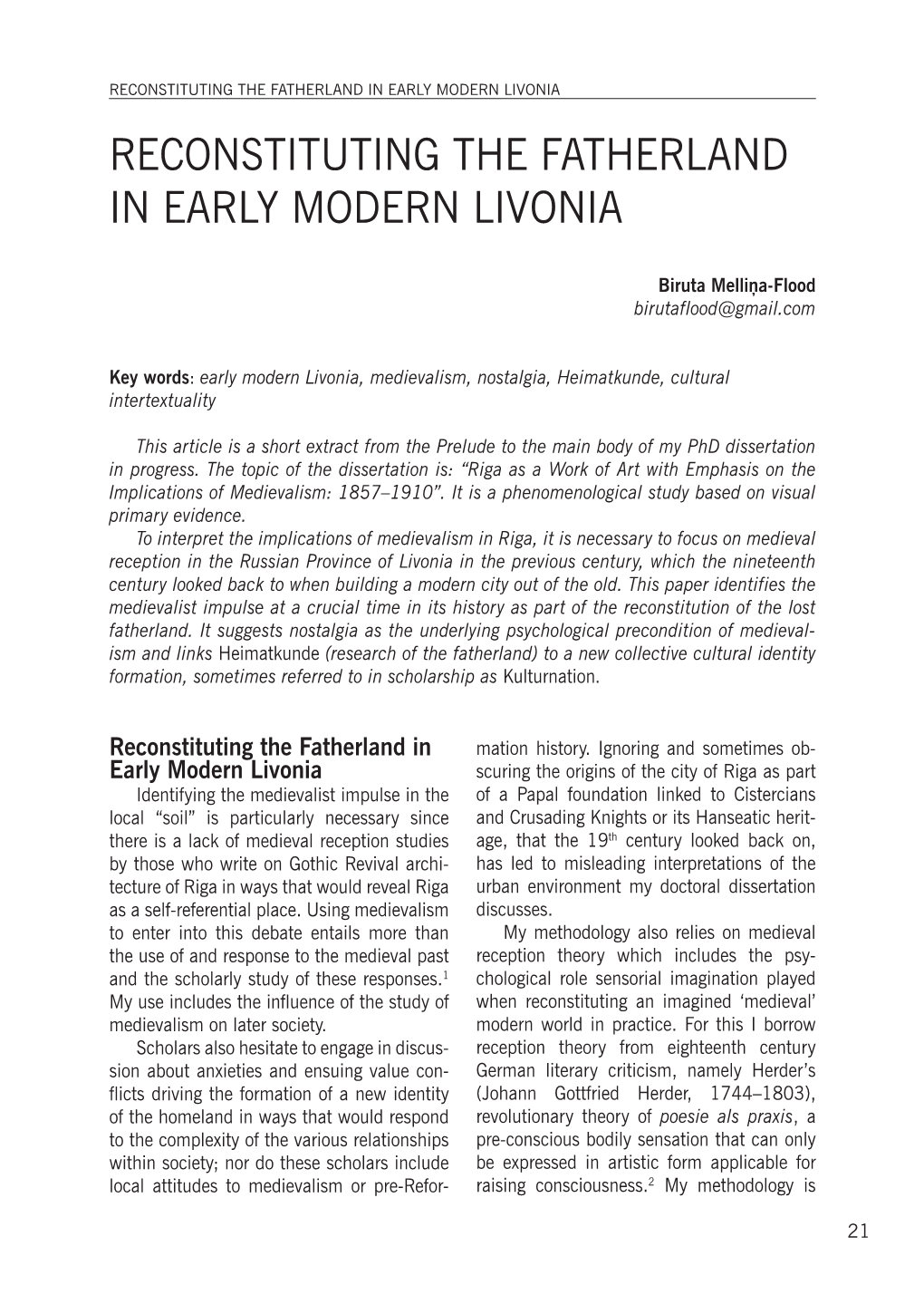 Reconstituting the Fatherland in Early Modern Livonia Reconstituting the Fatherland in Early Modern Livonia