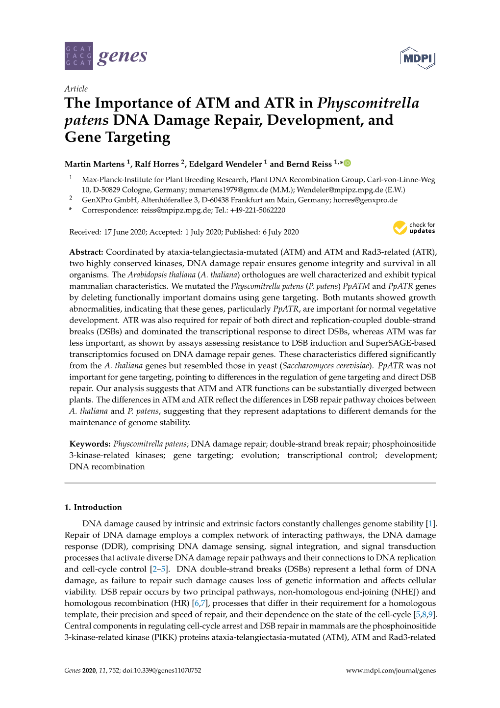 The Importance of ATM and ATR in Physcomitrella Patens DNA Damage Repair, Development, and Gene Targeting