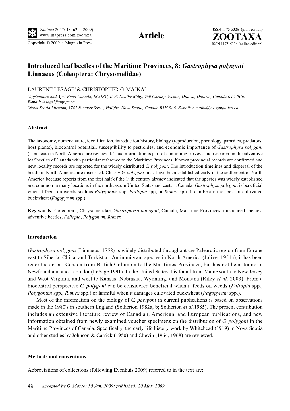 Zootaxa, Introduced Leaf Beetles of the Maritime Provinces, 8: Gastrophysa