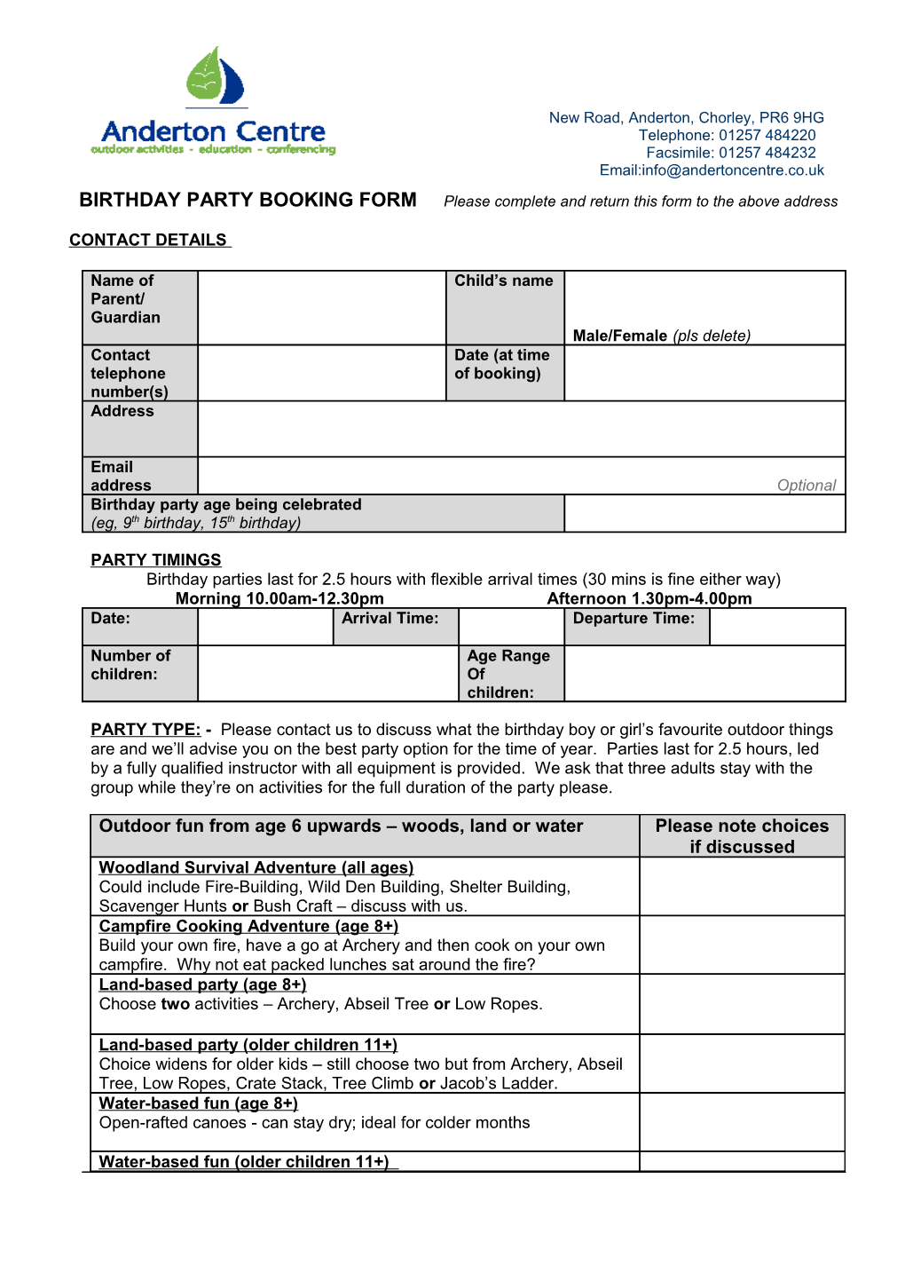 ACTIVITY BOOKING FORM Please Complete and Return This Form to the Above Address