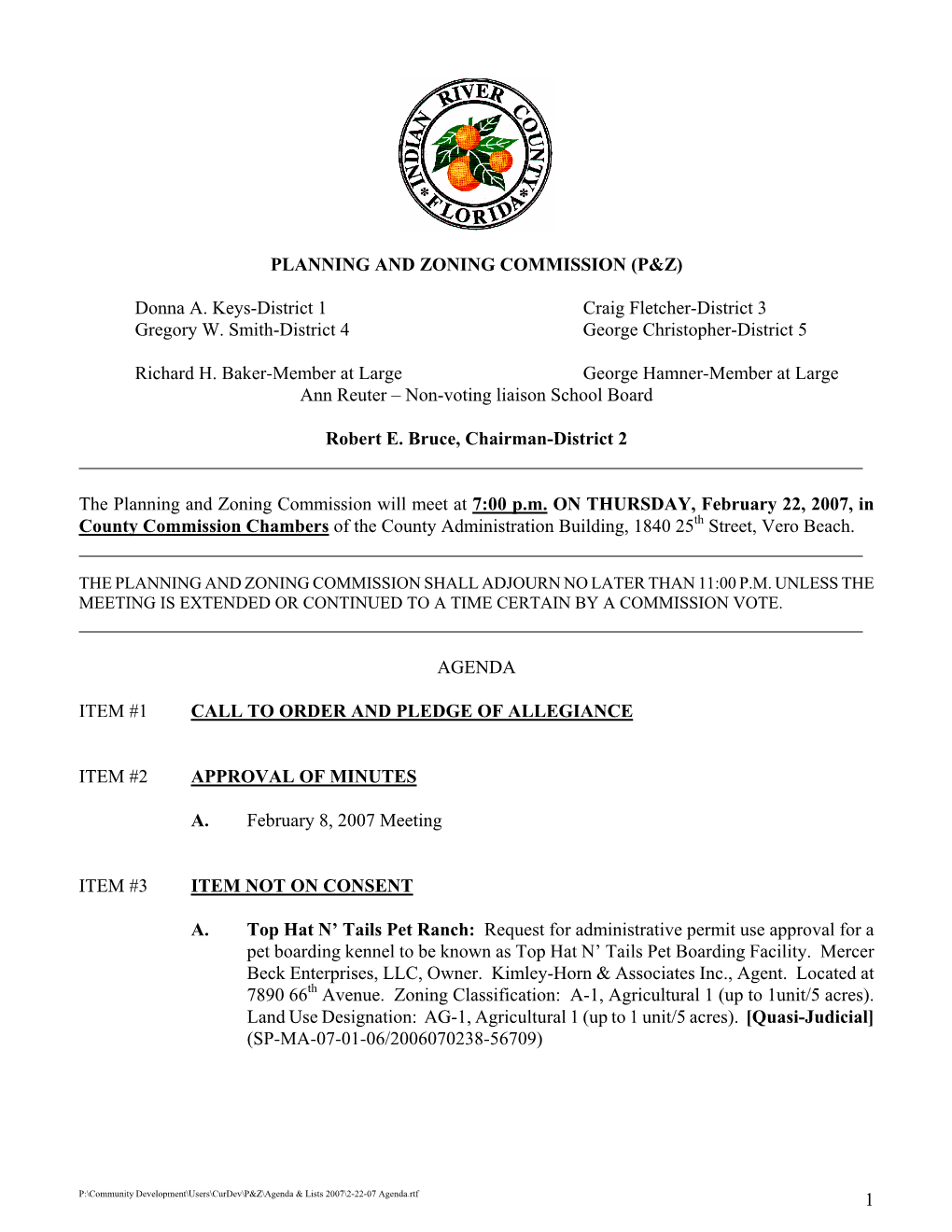 Planning and Zoning Commission Meeting Agenda 02/22/07