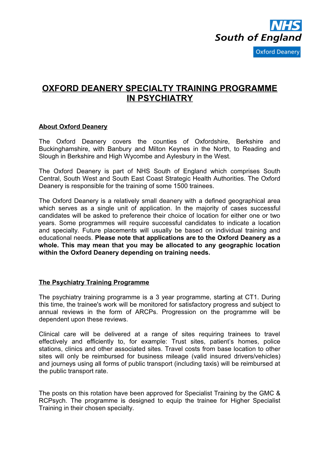 Oxford Deanery Specialty Training Programme in Psychiatry