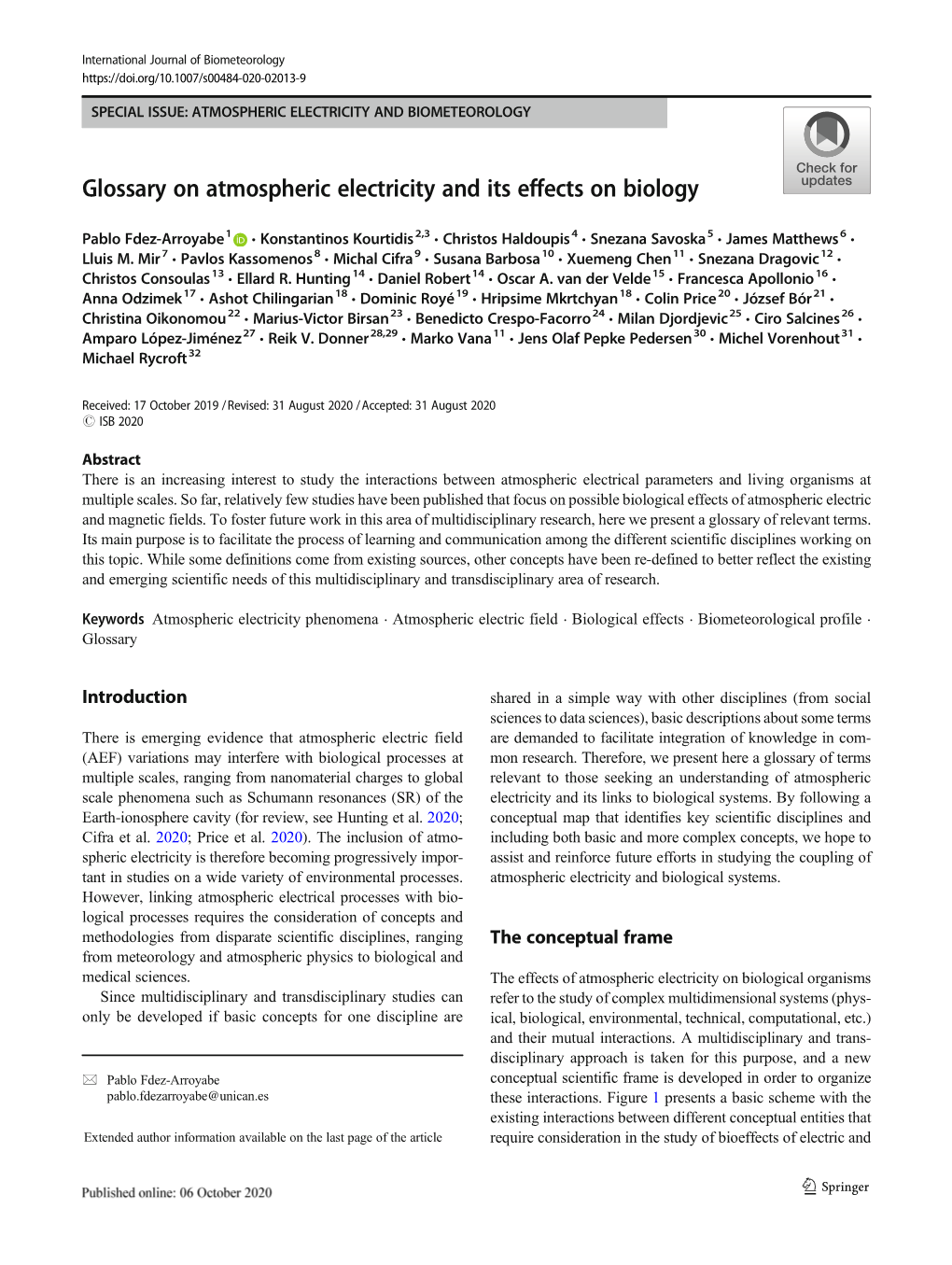 Glossary on Atmospheric Electricity and Its Effects on Biology