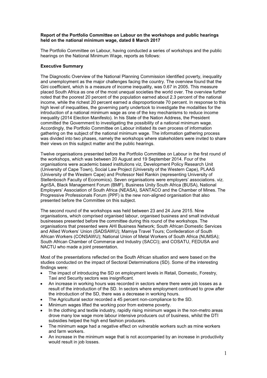 Report of the Portfolio Committee on Labour on the Workshops and Public Hearings Held on the National Minimum Wage, Dated 8 March 2017