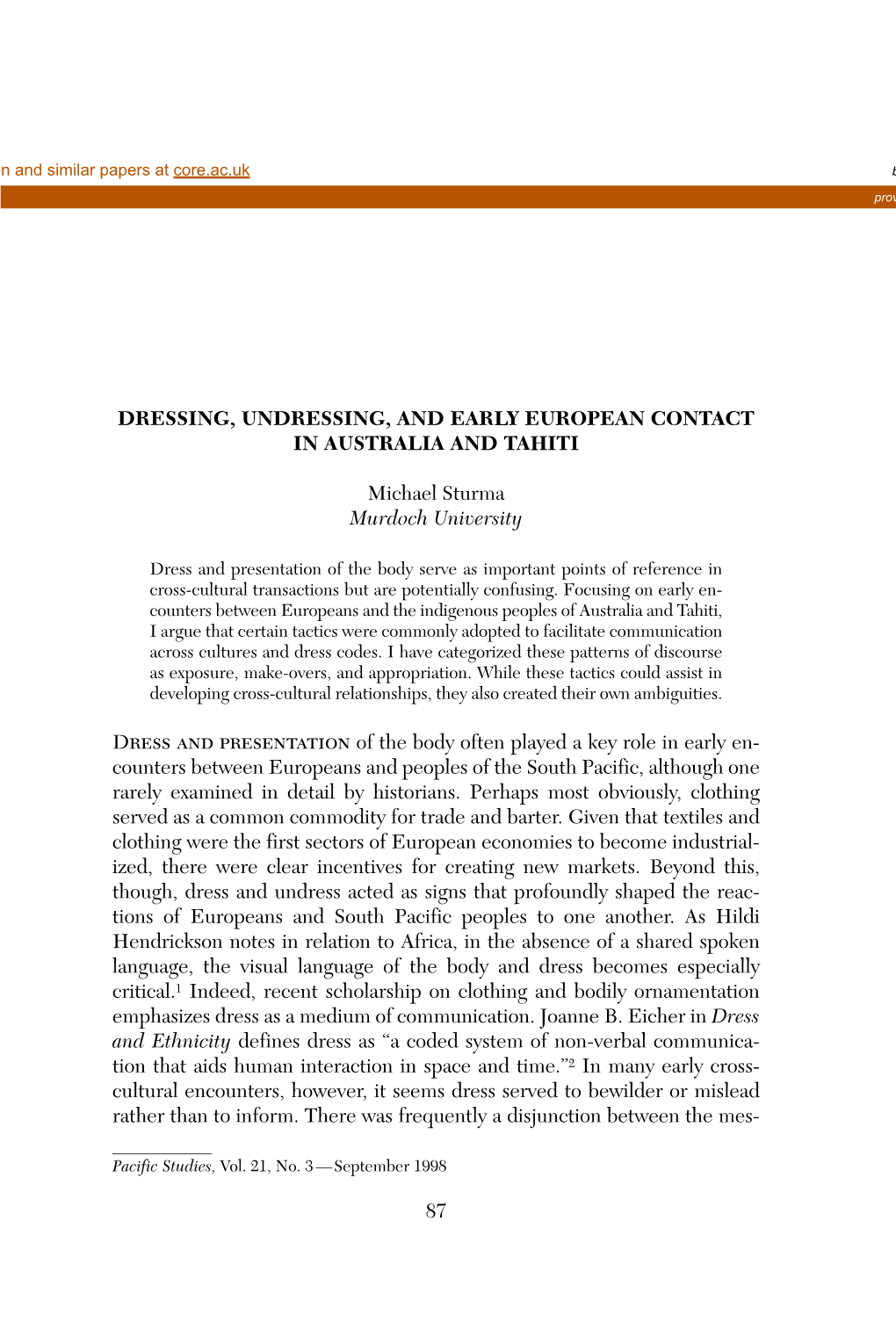 Dressing, Undressing, and Early European Contact in Australia and Tahiti