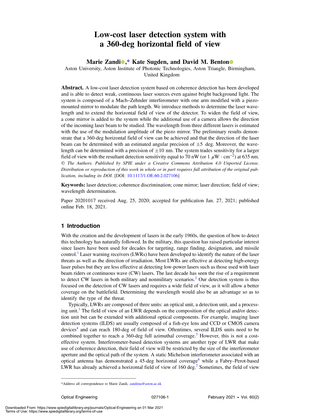 Low-Cost Laser Detection System with a 360-Deg Horizontal Field of View