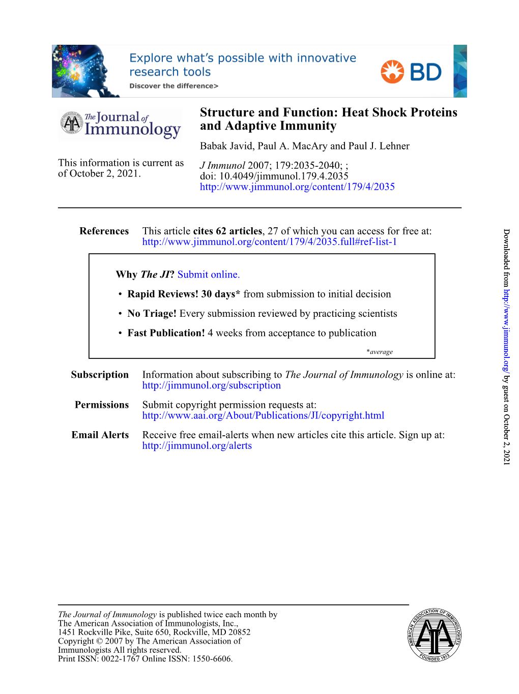 And Adaptive Immunity Structure and Function: Heat Shock Proteins