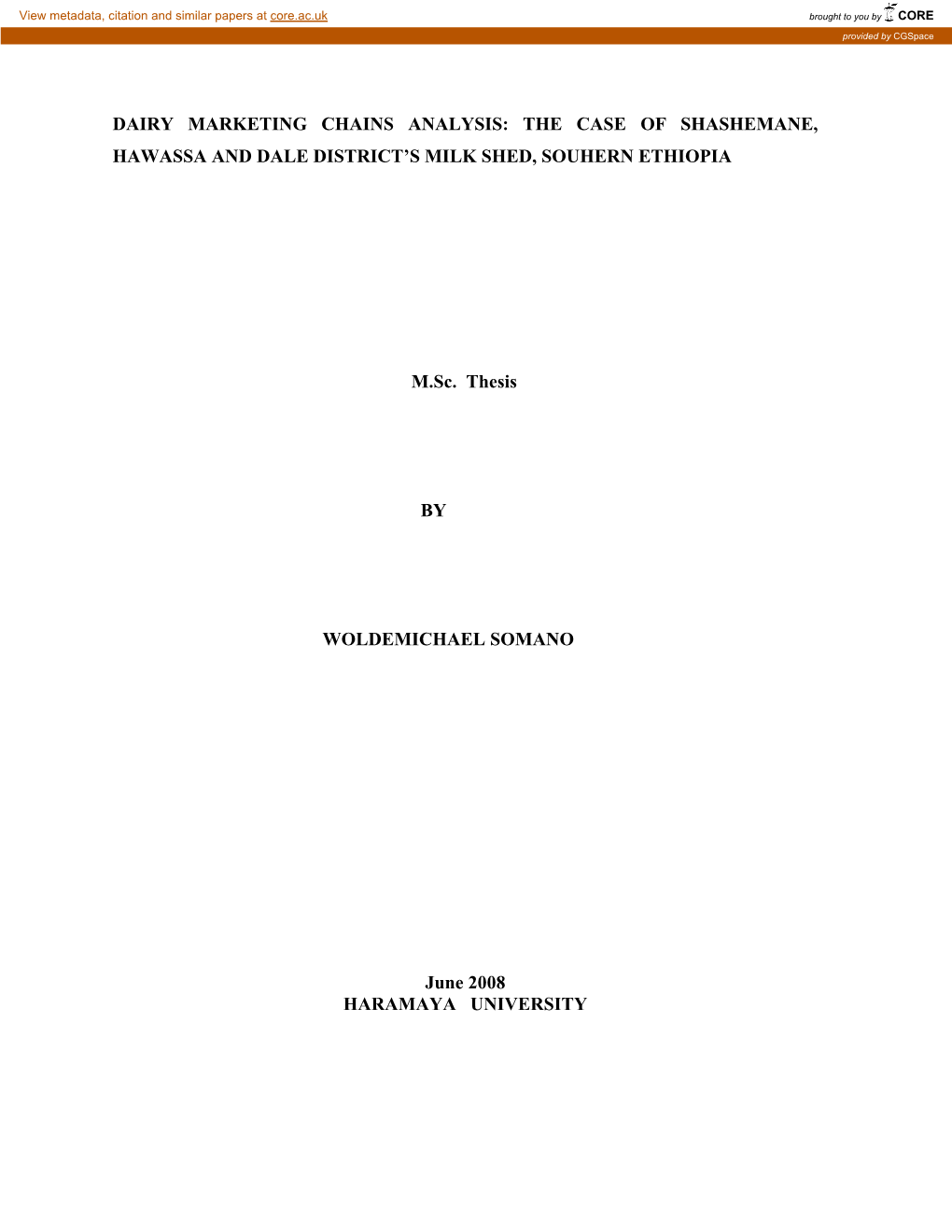 Dairy Marketing Chains Analysis: the Case of Shashemane, Hawassa and Dale District’S Milk Shed, Souhern Ethiopia