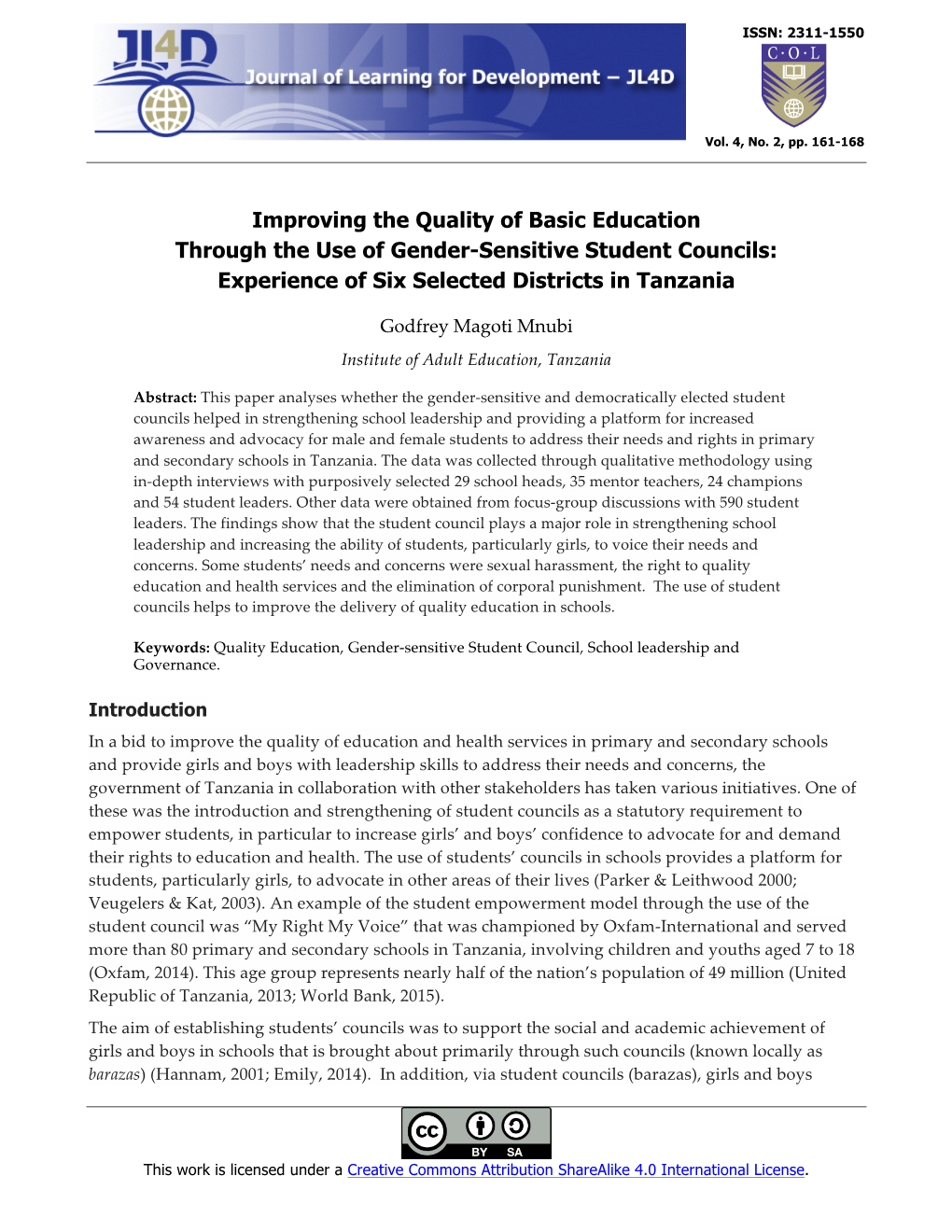 Improving the Quality of Basic Education Through the Use of Gender-Sensitive Student Councils: Experience of Six Selected Districts in Tanzania