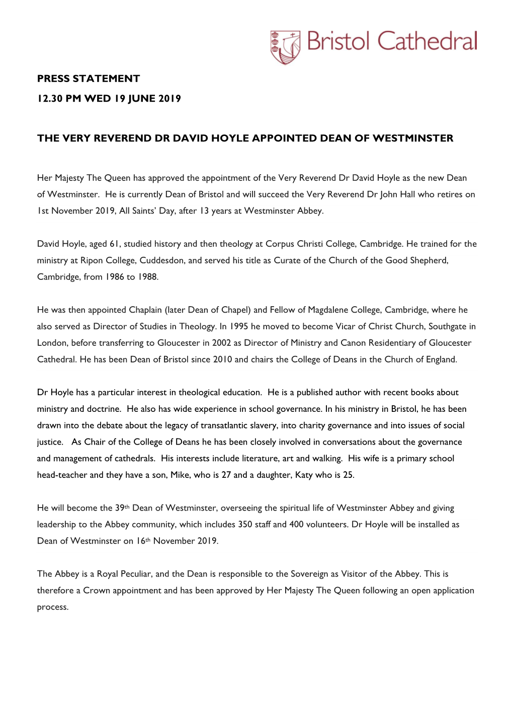 Press Statement 12.30 Pm Wed 19 June 2019 the Very