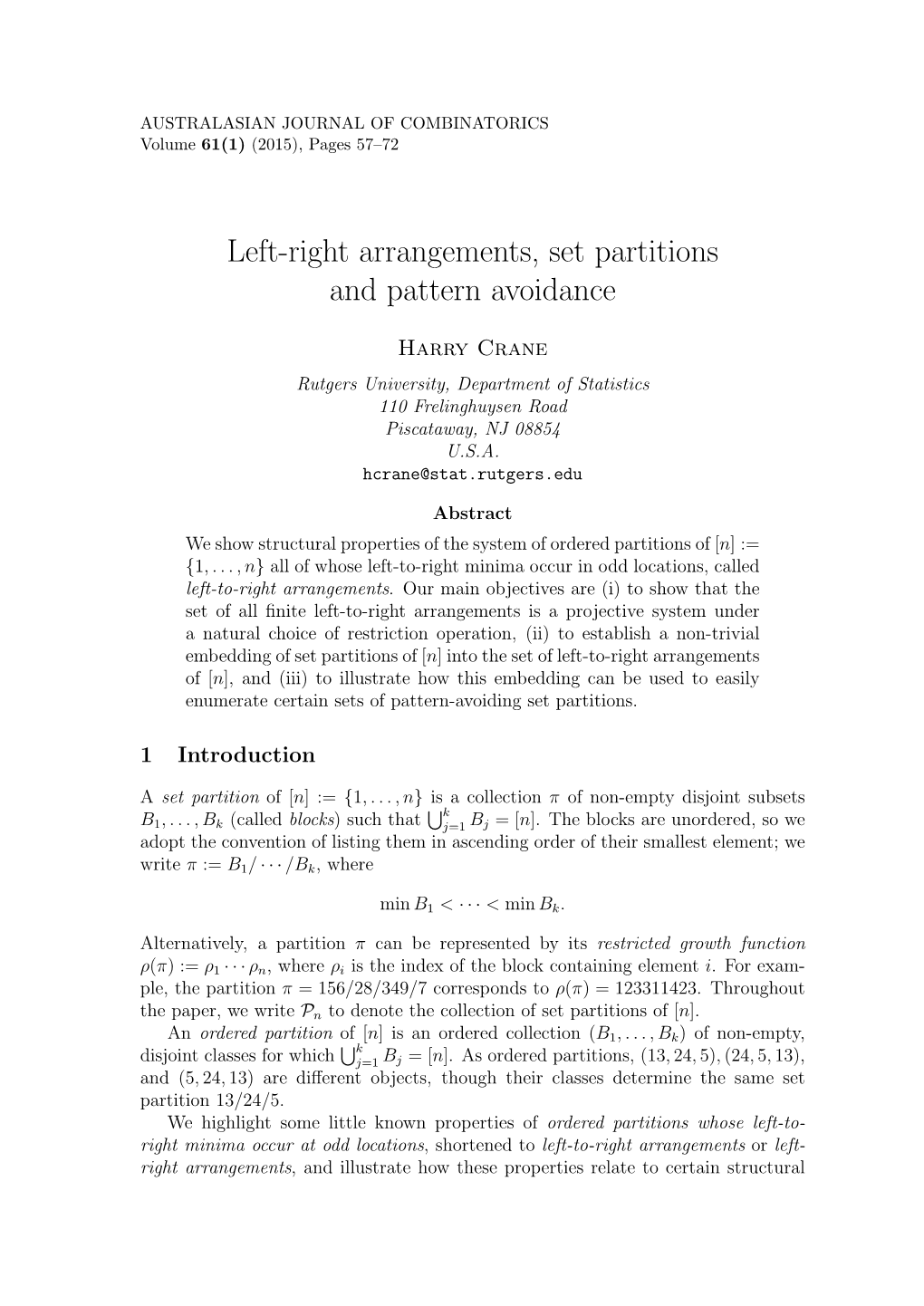 Left-Right Arrangements, Set Partitions and Pattern Avoidance