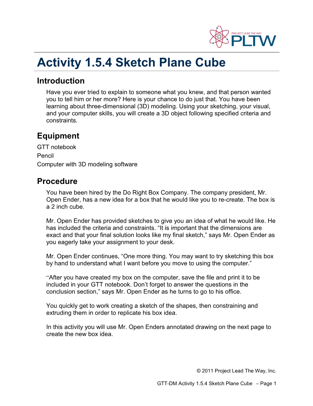 Activity 1.5.4 Sketch Plane Cube