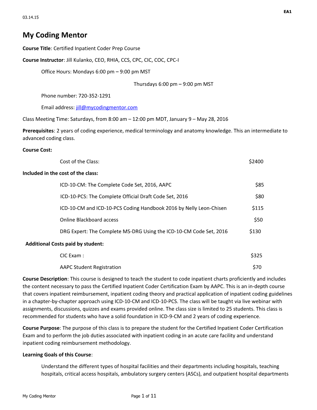 Course Title: Certified Inpatient Coder Prep Course