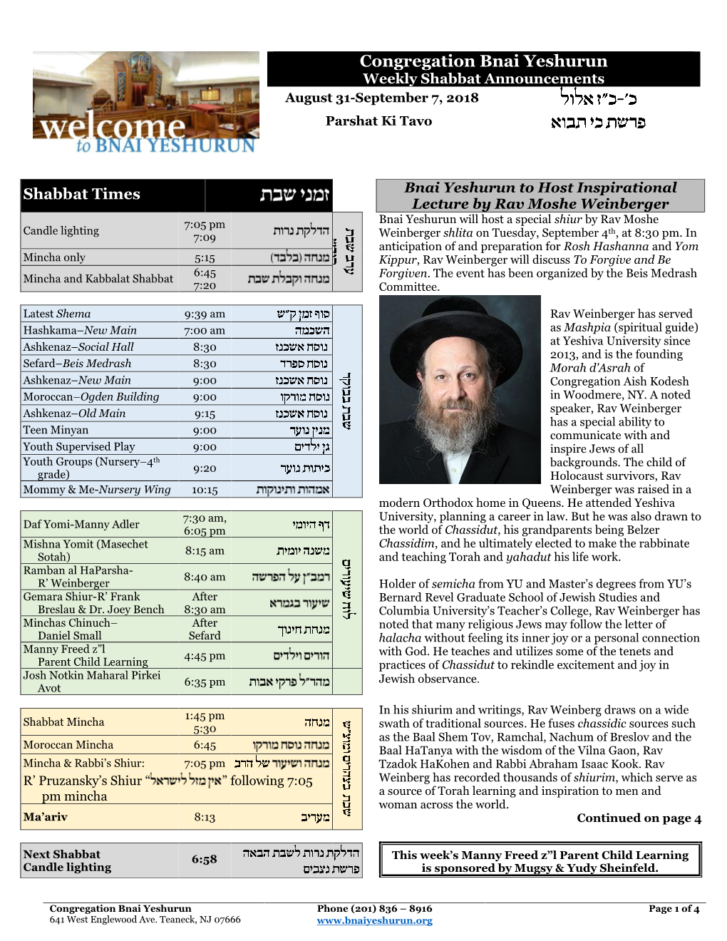 Congregation Bnai Yeshurun Weekly Shabbat Announcements August 31-September 7, 2018 Parshat Ki Tavo