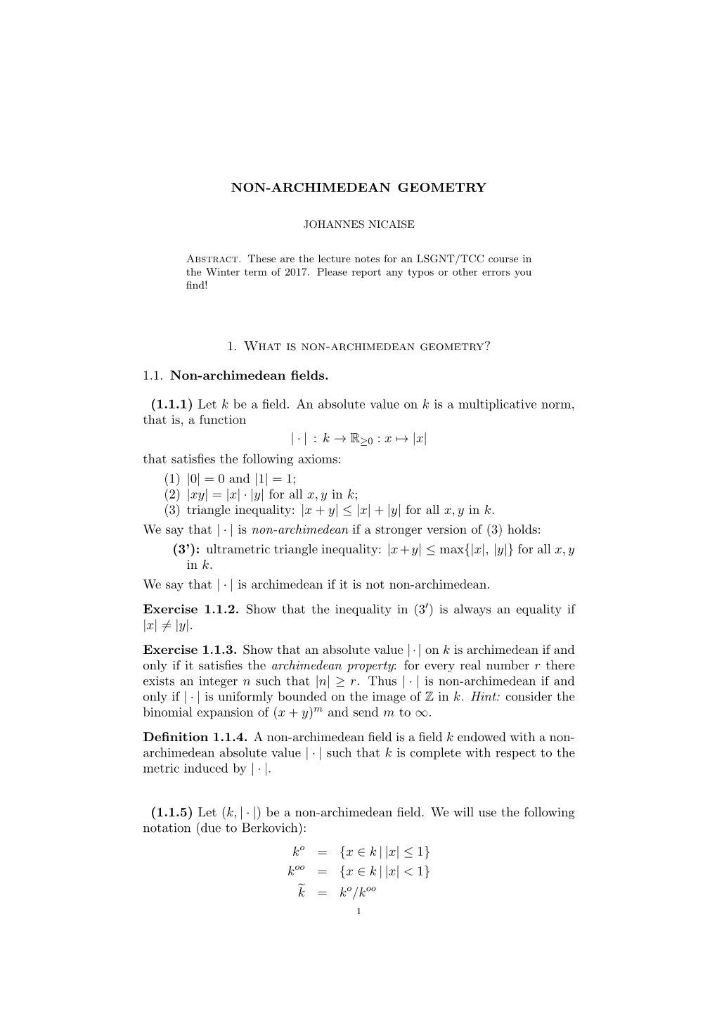 1.1. Non-Archimedean Fields. (1.1.1) Let K Be a Field. an Absolute