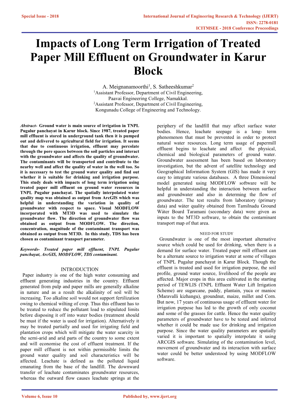 Impacts of Long Term Irrigation of Treated Paper Mill Effluent on Groundwater in Karur Block