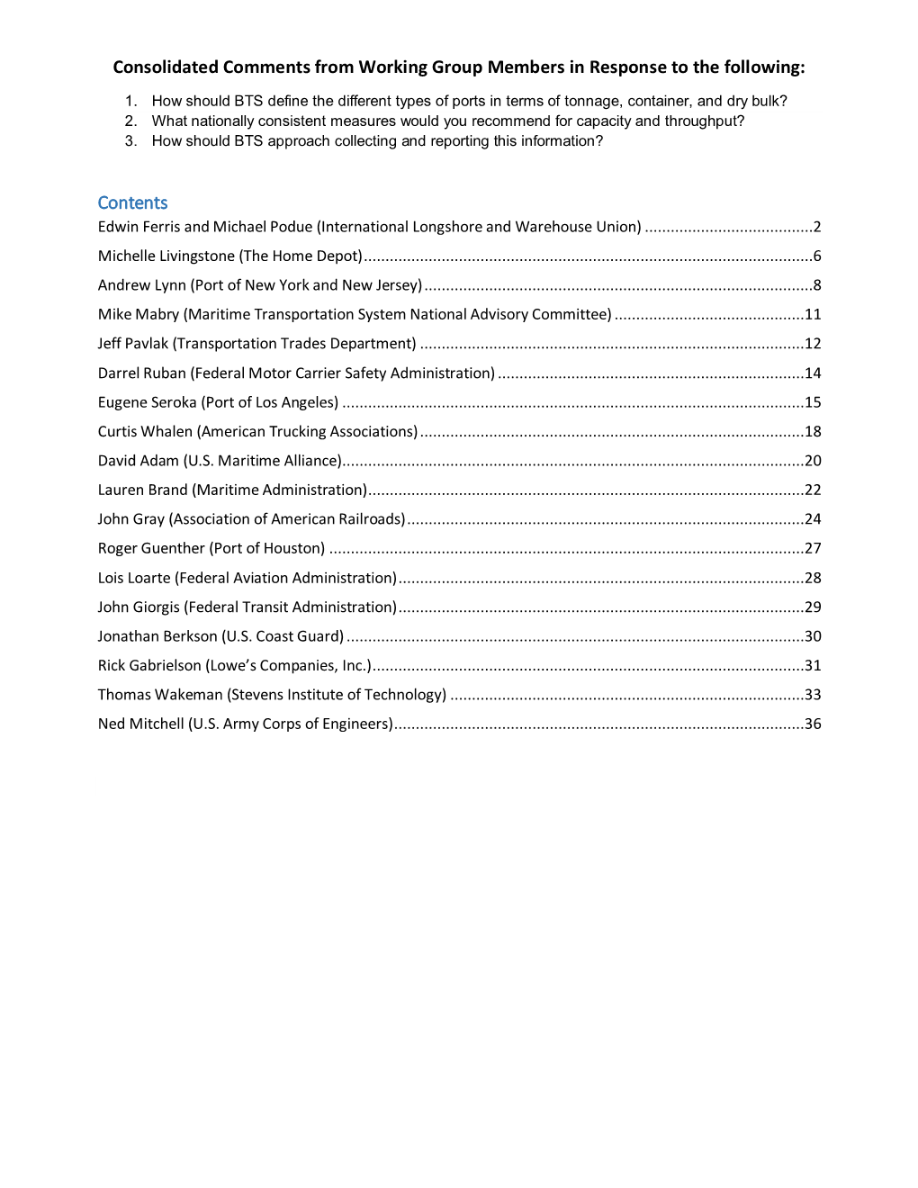 Consolidated Comments from Working Group Members in Response to the Following