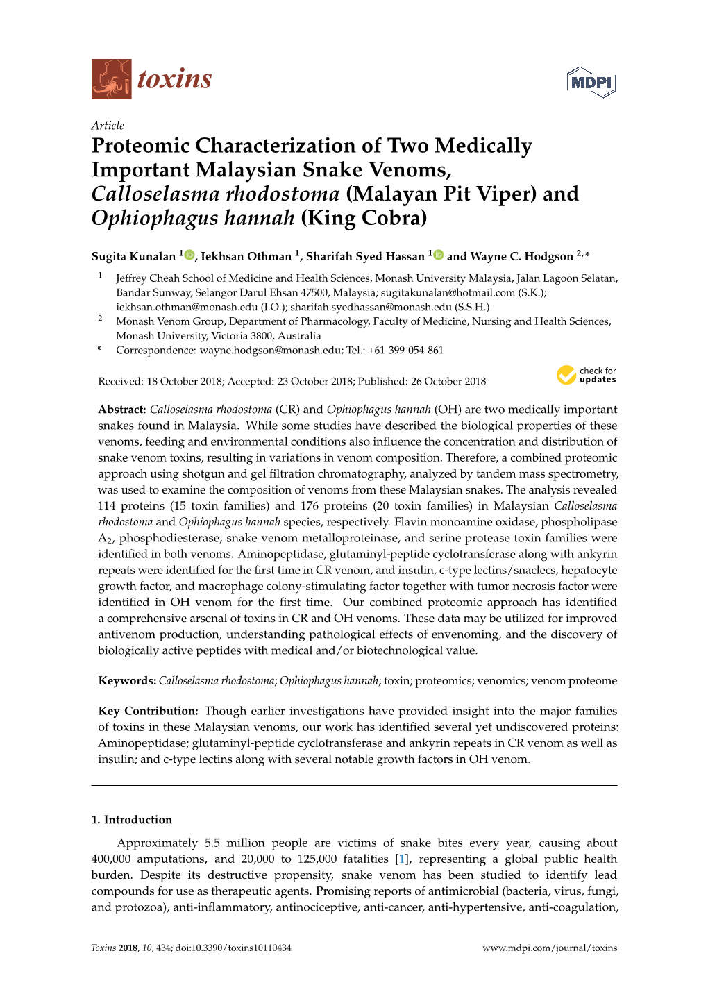 Proteomic Characterization of Two Medically Important Malaysian Snake Venoms, Calloselasma Rhodostoma (Malayan Pit Viper) and Ophiophagus Hannah (King Cobra)